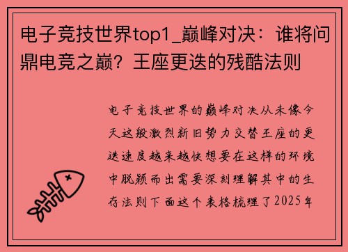 电子竞技世界top1_巅峰对决：谁将问鼎电竞之巅？王座更迭的残酷法则